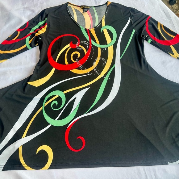 Valentina Black Midi Dress with Red, Yellow & Green Swirl Print - Picture 2 of 9